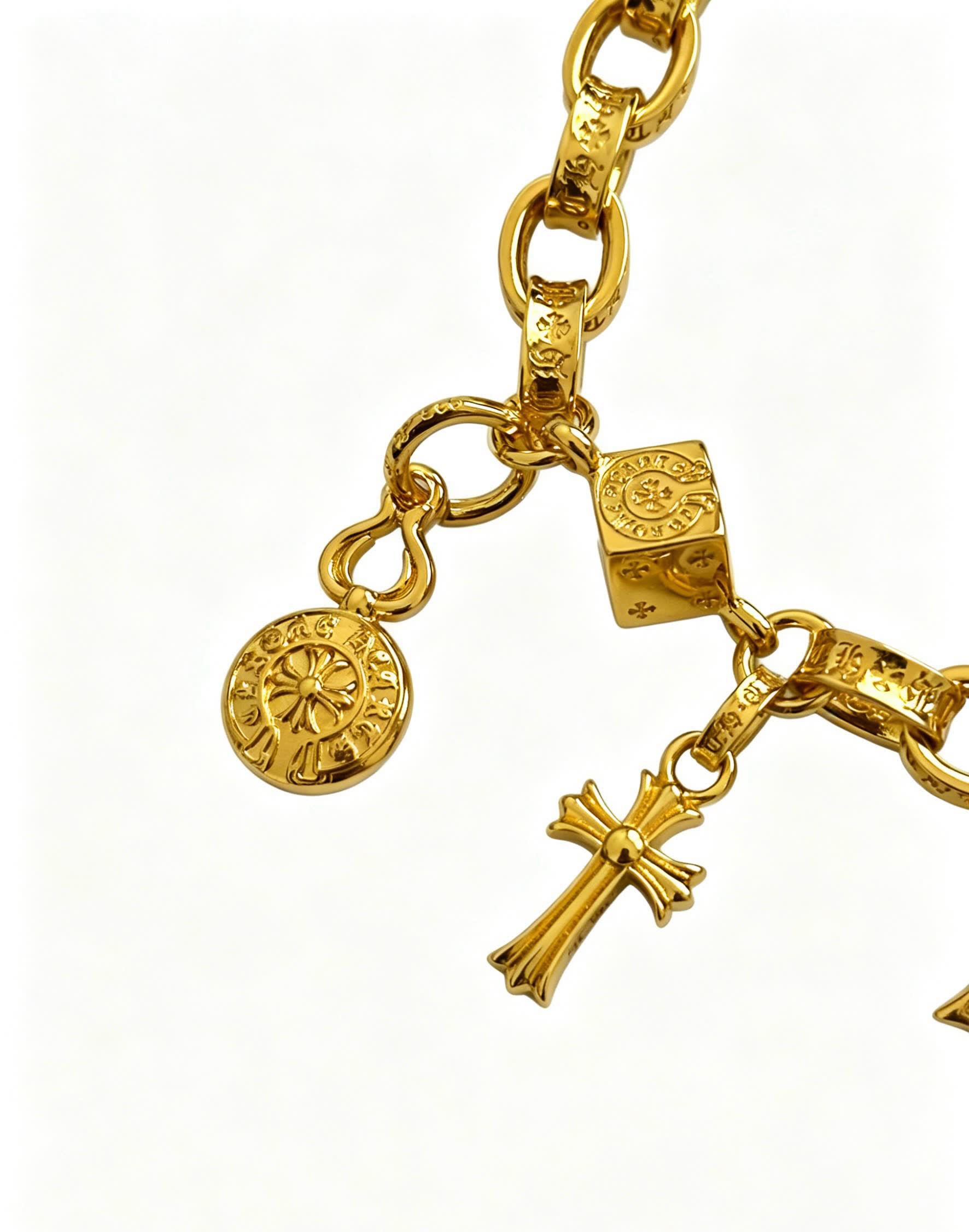Chrome Hearts Gold Tone Charm Bracelet with Cross, Star, and Coin Charms